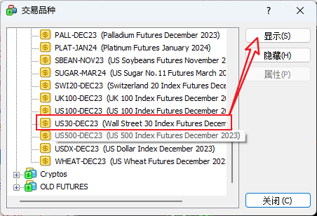 XM MT4上怎么查看道琼斯指数的代码？