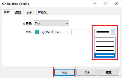 如何修改富拓MT5图表上能量潮指标（On Balance Volume）线条的大小？